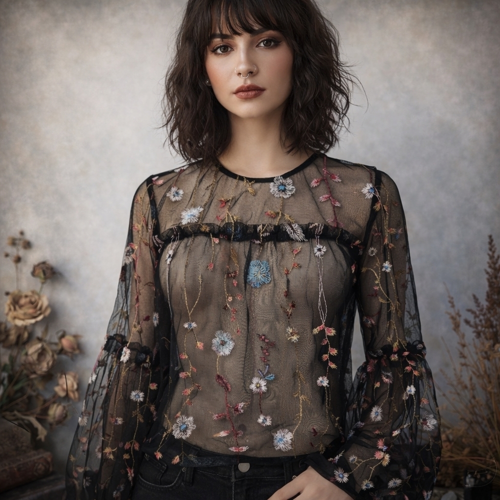 A New Day Sheer Black Mesh Floral Embroidered Blouse Top Small Boho Grunge Goth
